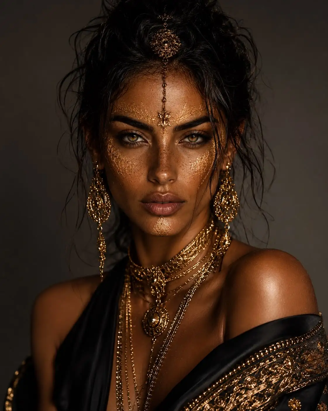 Portrait d'une femme parée de bijoux d'or, le visage orné de motifs dorés, sur fond sombre