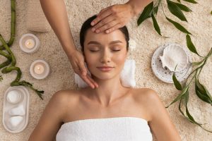 Concept of spa, relax and self care with beautiful young woman